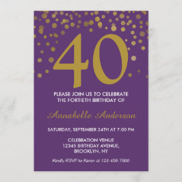 Invitación 40.º cumpleaños Purple Gold Modern Confetti Dots