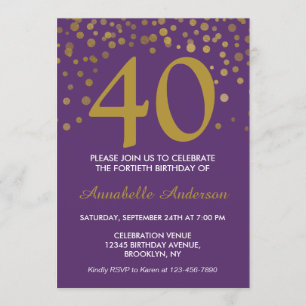 Invitación 40.º cumpleaños Purple Gold Modern Confetti Dots