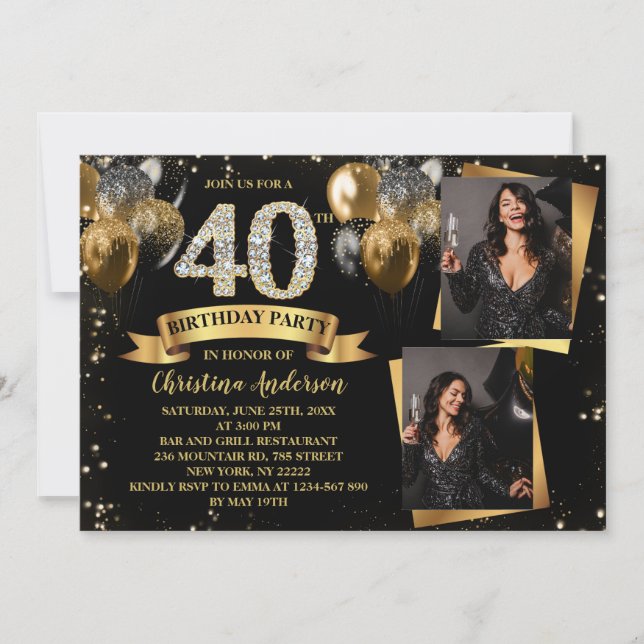 Invitación 40.º cumpleaños Purpurina de oro moderno globos 2  (Anverso)