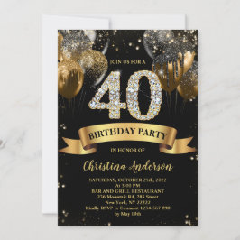 Invitación 40.º cumpleaños Purpurina de oro negro
