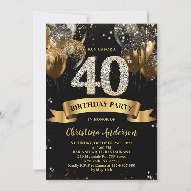 Invitación 40.º cumpleaños Purpurina de oro negro (Anverso)