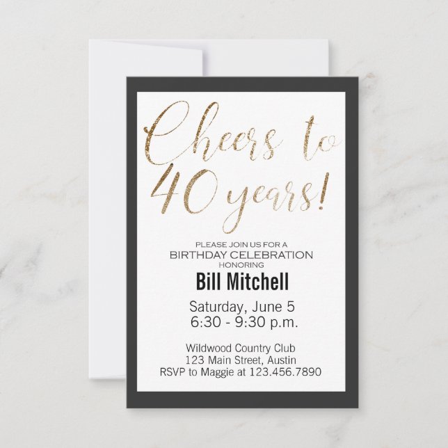 Invitación 40.º cumpleaños Purpurina de oro negro elegante mo (Anverso)