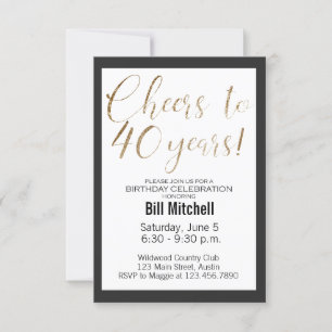 Invitación 40.º cumpleaños Purpurina de oro negro elegante mo