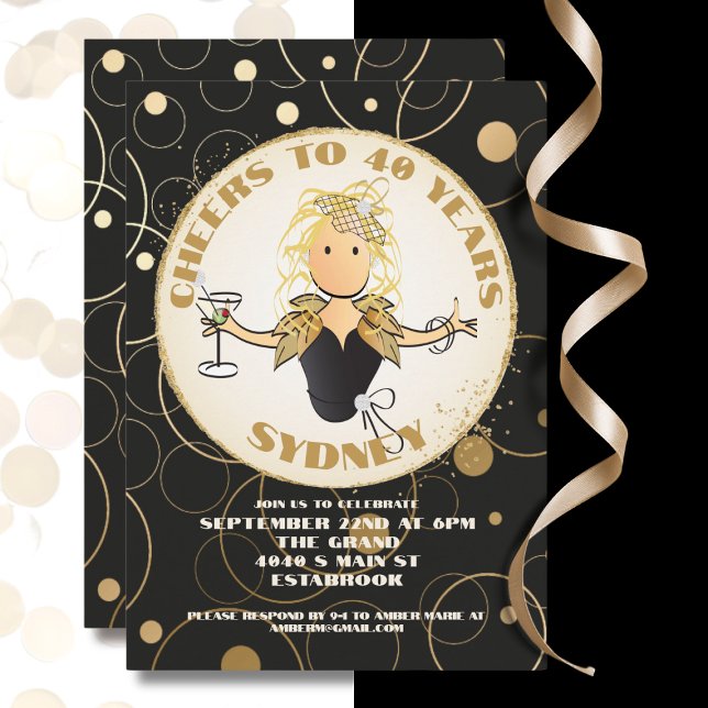 Invitación 40.º cumpleaños Purpurina de oro negro fabuloso cu (Subido por el creador)