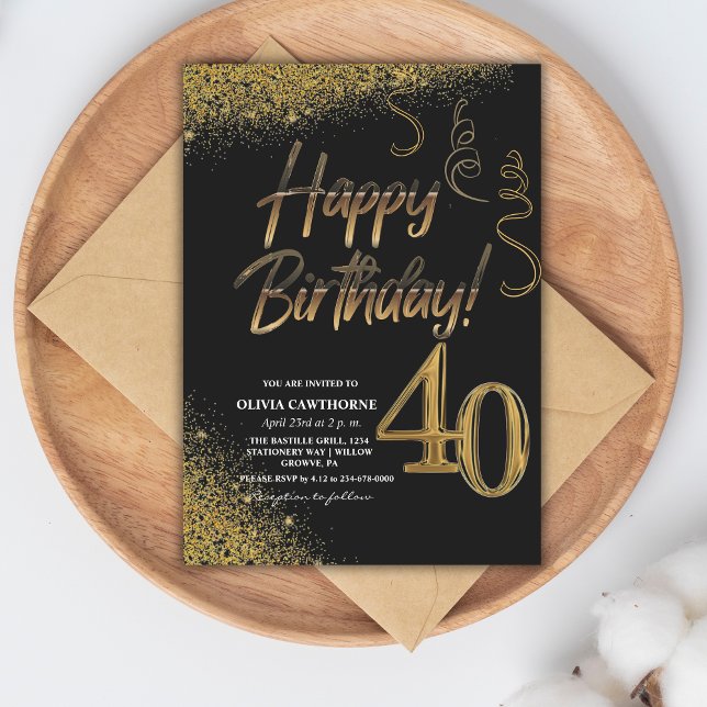 Invitación 40.º cumpleaños Purpurina de oro y negro (Subido por el creador)