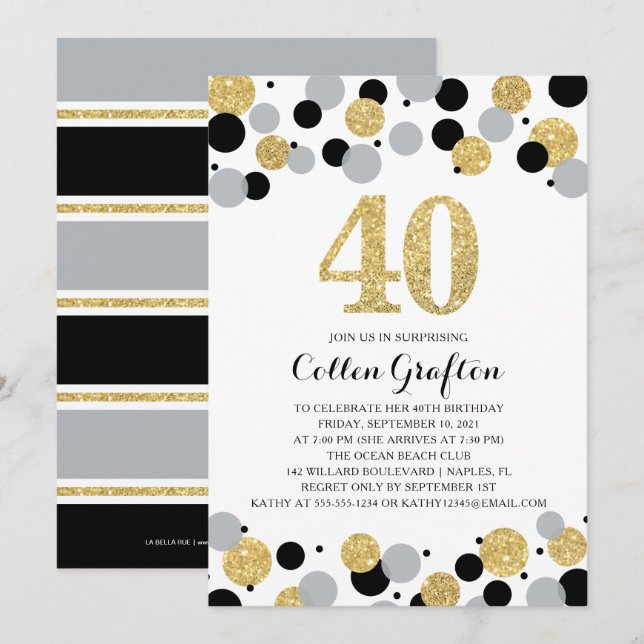 Invitación 40.º cumpleaños Purpurina Gris Oro Negro Confetti (Anverso / Reverso)