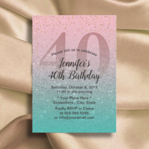 Invitación 40.º cumpleaños Purpurina turquesa rosa moderno Om