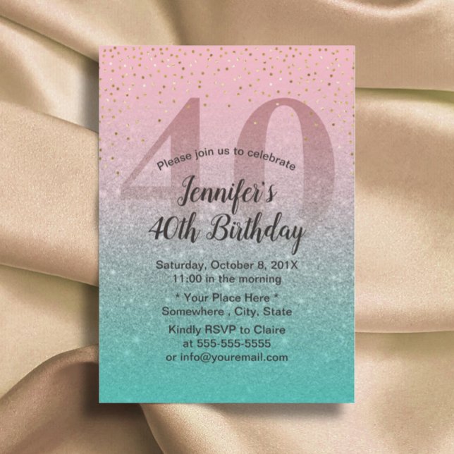 Invitación 40.º cumpleaños Purpurina turquesa rosa moderno Om (Subido por el creador)