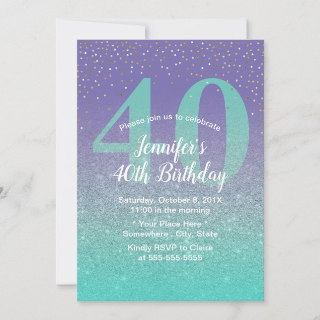 Invitación 40.º cumpleaños Purpurina Verde azulado moderno y  (Anverso)