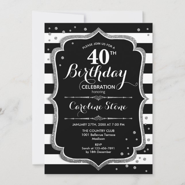 Invitación 40.º cumpleaños - Rayas blancas blancas plateadas (Anverso)
