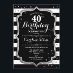 Invitación 40.º cumpleaños - Rayas blancas blancas plateadas<br><div class="desc">40.ª Invitación de cumpleaños. Elegante diseño negro con una falsa plata. Las rayas blancas y negras con diamantes de purpurina se confetti. Perfecto para una elegante fiesta de cumpleaños.</div>
