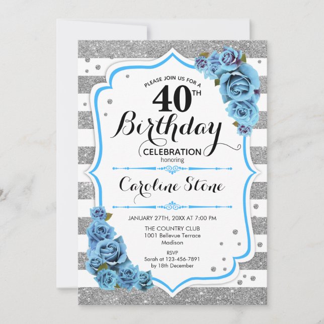 Invitación 40.º cumpleaños - Rayas blancas de plata azul (Anverso)