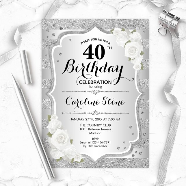 Invitación 40.º Cumpleaños - Rayas Blancas Plateadas (Subido por el creador)