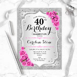 Invitación 40.º cumpleaños - Rayas rosadas de rayas plateadas<br><div class="desc">40.ª Invitación de cumpleaños. Elegante diseño floral en plata y rosa. Presenta rayas de plata purpurina falsas,  letra de guión elegante rosa y confeti. Perfecto para una fiesta de cumpleaños glam.</div>