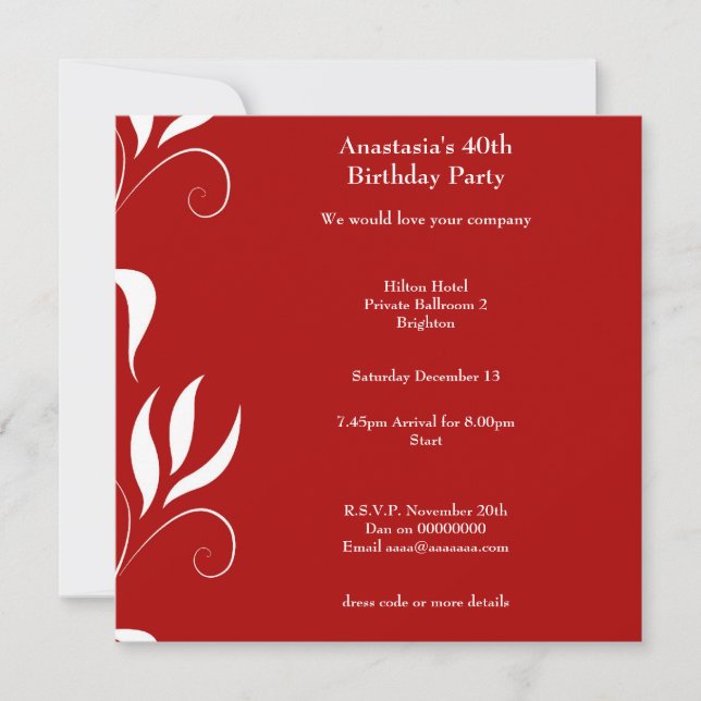Invitación 40.º cumpleaños rojo con floral blanca (Anverso)
