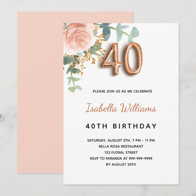Invitación 40.º cumpleaños rosa floral oro eucalipto verde (Anverso / Reverso)
