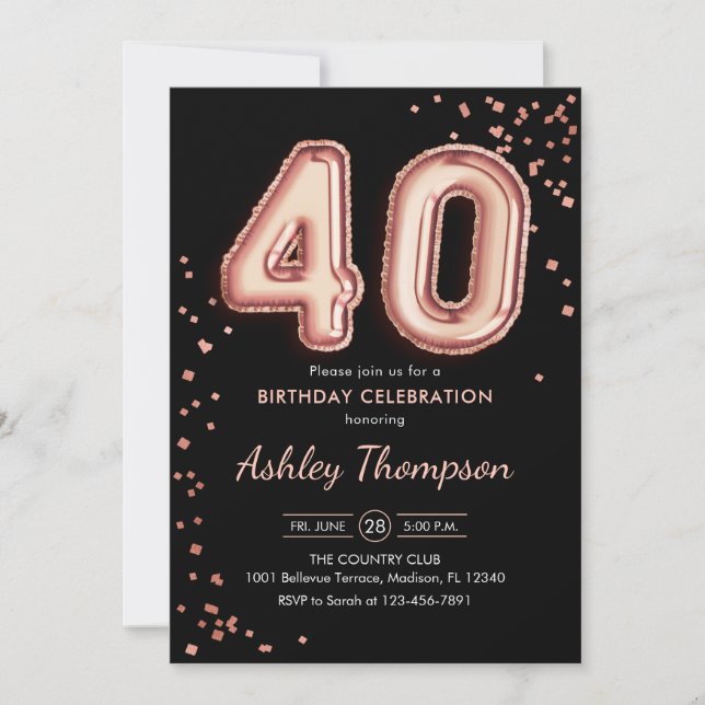 Invitación 40.º cumpleaños - Rosa Globos de Oro Negro (Anverso)