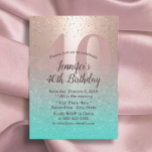 Invitación 40.º cumpleaños Rosa moderno de Rubor Gold Aqua Ve<br><div class="desc">Moderno Rosa de Rubor Gold & Aqua Verde azulada 40th Birthday Party Invitaciones.</div>