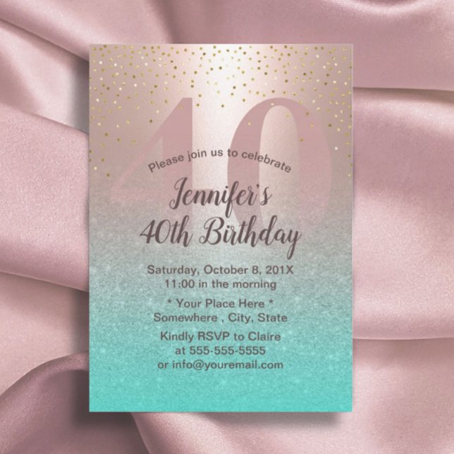 Invitación 40.º cumpleaños Rosa moderno de Rubor Gold Aqua Ve (Subido por el creador)