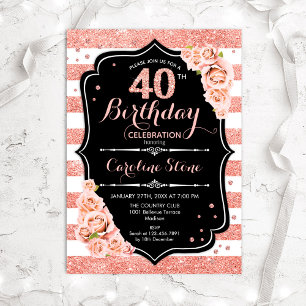 Invitación 40.º cumpleaños Rosa negro de oro y franjas blanca
