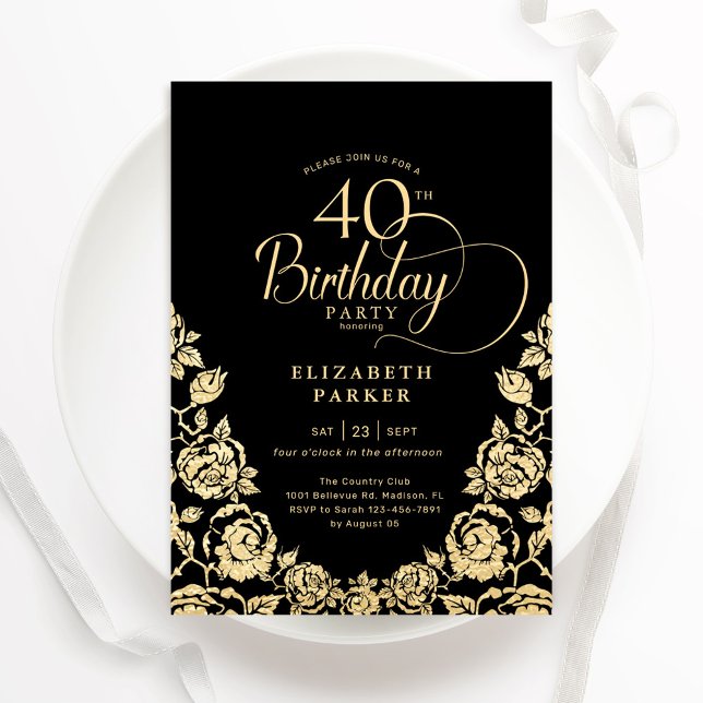 Invitación 40.º cumpleaños Rosas de oro negro (Subido por el creador)