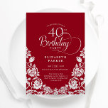 Invitación 40.º cumpleaños Rosas de Plata Roja<br><div class="desc">Elegante invitación a la fiesta de cumpleaños número 40 de plata roja. Diseño elegante con rosas, Relieve metalizado falso plateado y tipo de letra de guión tipográfico. La carta de invitación a la moda es perfecta para una elegante celebración de cumpleaños femenina. Personaliza con tus propios detalles. Se puede personalizar...</div>