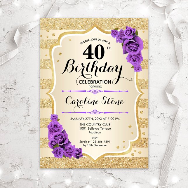 Invitación 40.º cumpleaños - Rosas morados de bandas de oro (Subido por el creador)