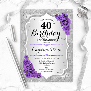 Invitación 40.º cumpleaños - Rosas morados de rayas plateadas