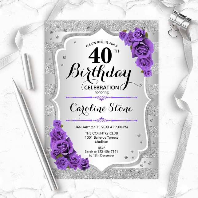 Invitación 40.º cumpleaños - Rosas morados de rayas plateadas (Subido por el creador)