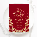 Invitación 40.º cumpleaños Rosas Red Gold<br><div class="desc">Invitación a la fiesta de cumpleaños número 40 de Red gold elegante. Diseño elegante con rosas, Relieve metalizado de oro falso y tipo de letra de guión de tipografía. La carta de invitación a la moda es perfecta para una elegante celebración de cumpleaños femenina. Personaliza con tus propios detalles. Se...</div>