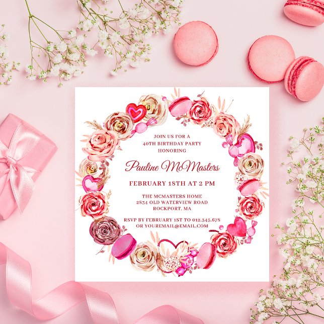 Invitación 40.º cumpleaños Rosas Rosa Swirly Heart Valentine (Subido por el creador)