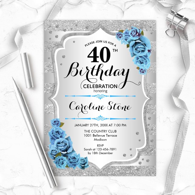 Invitación 40.º cumpleaños - Rosas Silver Stripes Icy Blue (Subido por el creador)