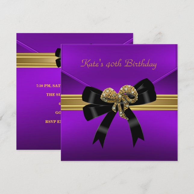 Invitación 40.º cumpleaños Royal Black Purple Gold Jewel (Anverso / Reverso)