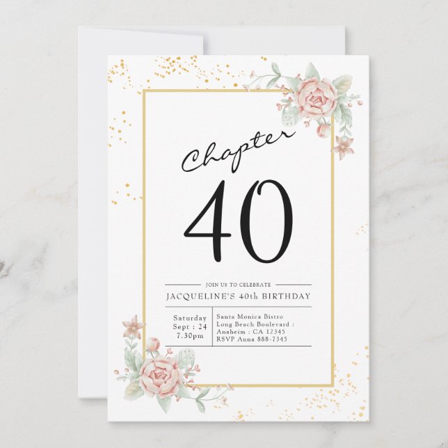 Invitación 40.º cumpleaños Rubor Floral (Anverso)