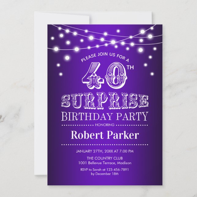 Invitación 40.º cumpleaños sorpresa - Blanco morado (Anverso)