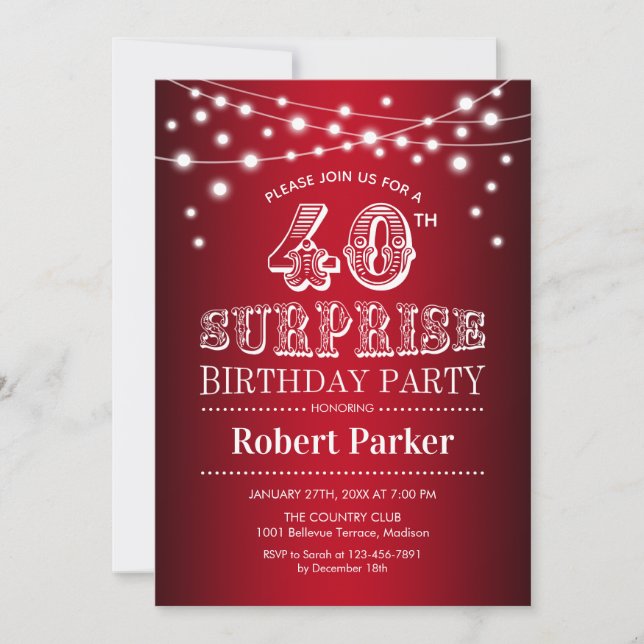 Invitación 40.º cumpleaños sorpresa - Blanco rojo negro (Anverso)
