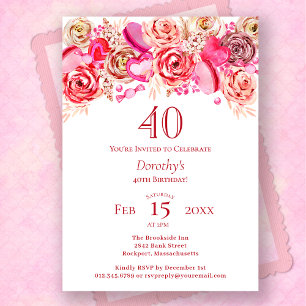 Invitación 40.º cumpleaños Valentine Pink Rose Swirly Heart