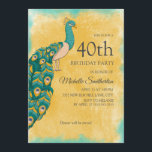 Invitación 40.º cumpleaños Verde azulado color amarillo pavo<br><div class="desc">Invitación a la fiesta de cumpleaños 40 con un pavo real verde azulado y amarillo sobre un fondo de color amarillo. El texto es personalizable,  por lo que esta invitación se puede personalizar para cualquier edad.</div>