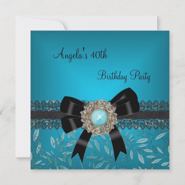 Invitación 40.º cumpleaños Verde azulado Floral azul negro je (Anverso)