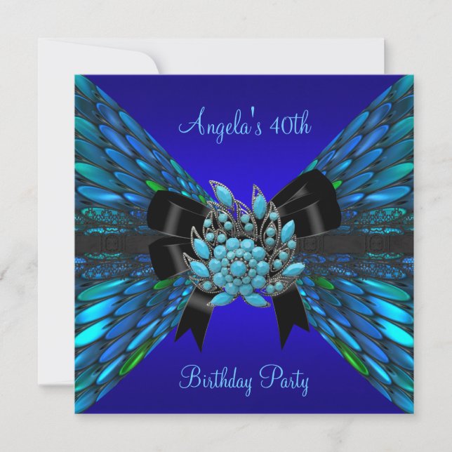 Invitación 40.º cumpleaños Verde azulado Royal Blue Bow (Anverso)
