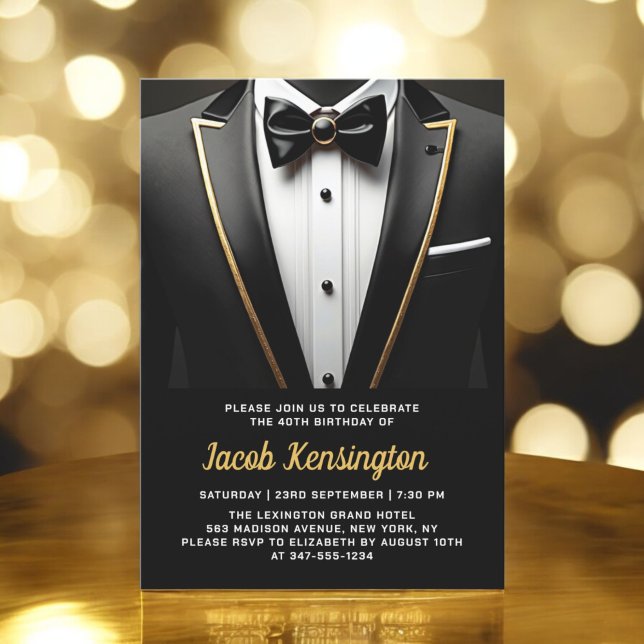 Invitación 40.º evento de cumpleaños Black and Gold Tuxedo (Subido por el creador)