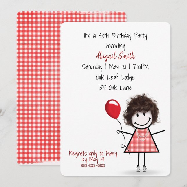 Invitación 40.º Fiesta Chica con globo rojo (Anverso / Reverso)
