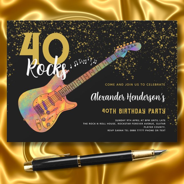 Invitación 40.º Fiesta de cumpleaños 40 Rocks Purpurina de or (40 rocks black and gold glitter 40th birthday party invitation with colorful electric guitar)