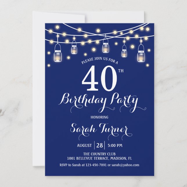 Invitación 40.º Fiesta de cumpleaños - Azul marino (Anverso)