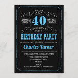 Invitación 40.º Fiesta de cumpleaños - Azul negro<br><div class="desc">40.ª Invitación a la fiesta de cumpleaños. Elegante diseño retro negro,  azul,  blanco con diseño de pizarra y fuente de guión. ¡Salud a 40 años! Mándame un mensaje si necesitas más personalización.</div>