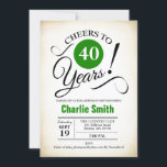 Invitación 40.º Fiesta de cumpleaños - Blanco negro verde<br><div class="desc">40.ª invitación a la fiesta de cumpleaños en negro blanco verde con un fondo retro cremoso. ¡Salud a 40 años! Se puede personalizar en cualquier año. Por favor,  envíeme un mensaje si necesita más personalización.</div>