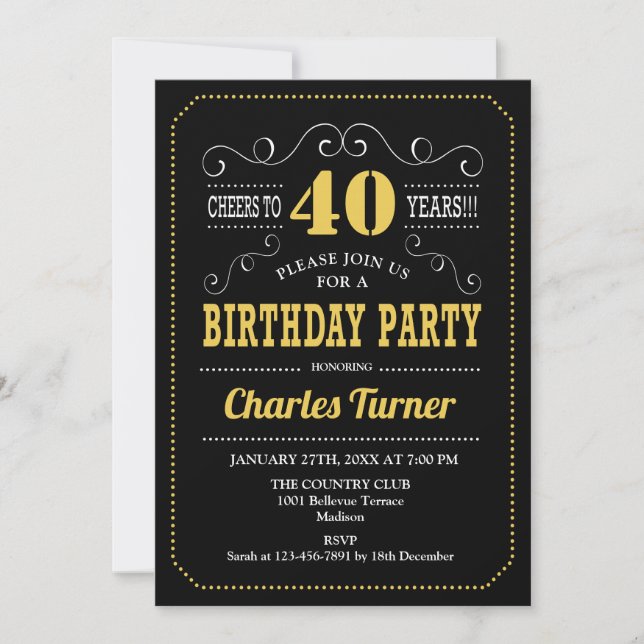 Invitación 40.º Fiesta de cumpleaños - Blanco Oro Negro (Anverso)