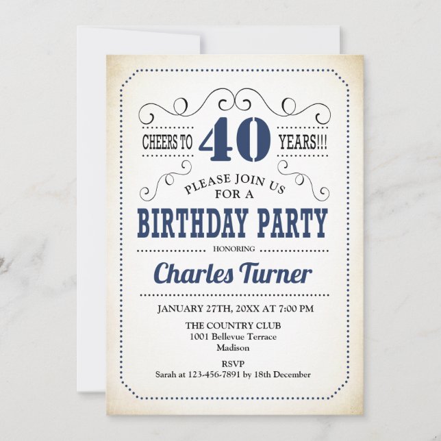 Invitación 40.º Fiesta de cumpleaños - Blanco y marina retro  (Anverso)