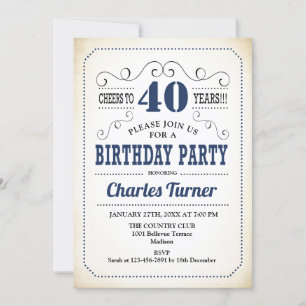 Invitación 40.º Fiesta de cumpleaños - Blanco y marina retro