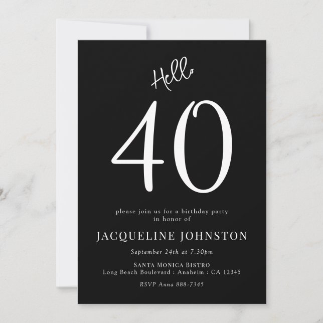 Invitación 40.º Fiesta De Cumpleaños Blanco Y Negro (Anverso)